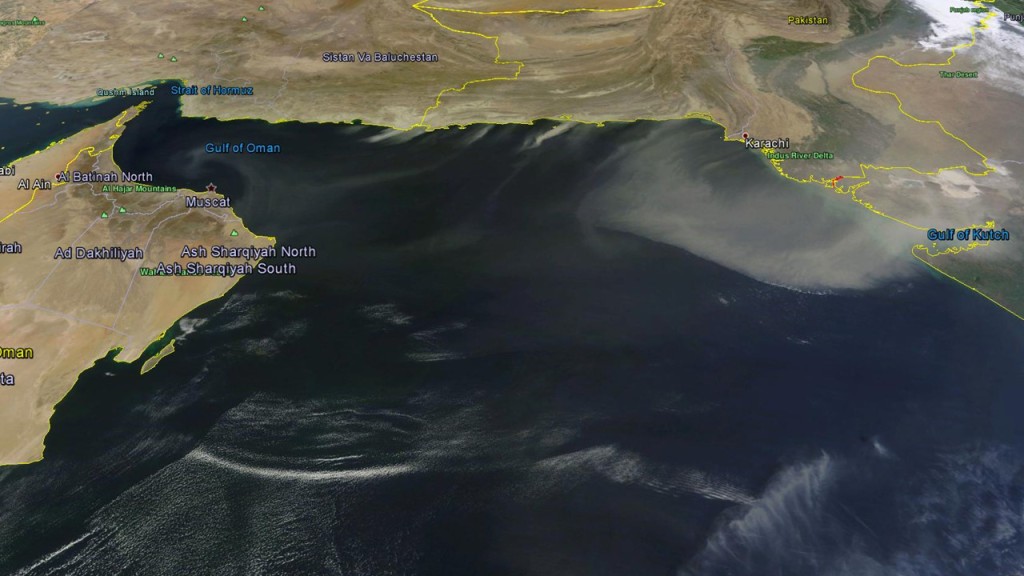 Windblown dust over the Arabian Sea on October 14, 2014, as seen by NASA's MODIS instrument on the Terra satellite, October 14, 2014.