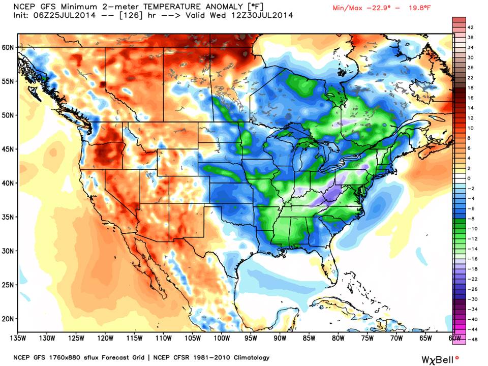GFS model minimum temperature anomaly forecast for Wednesday  July 30, 2014 (Weatherbell.com).