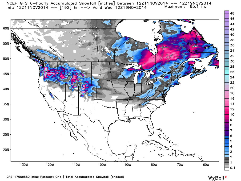 Forecast 8-day total snowfall by Wed. Nov. 19, 2014.