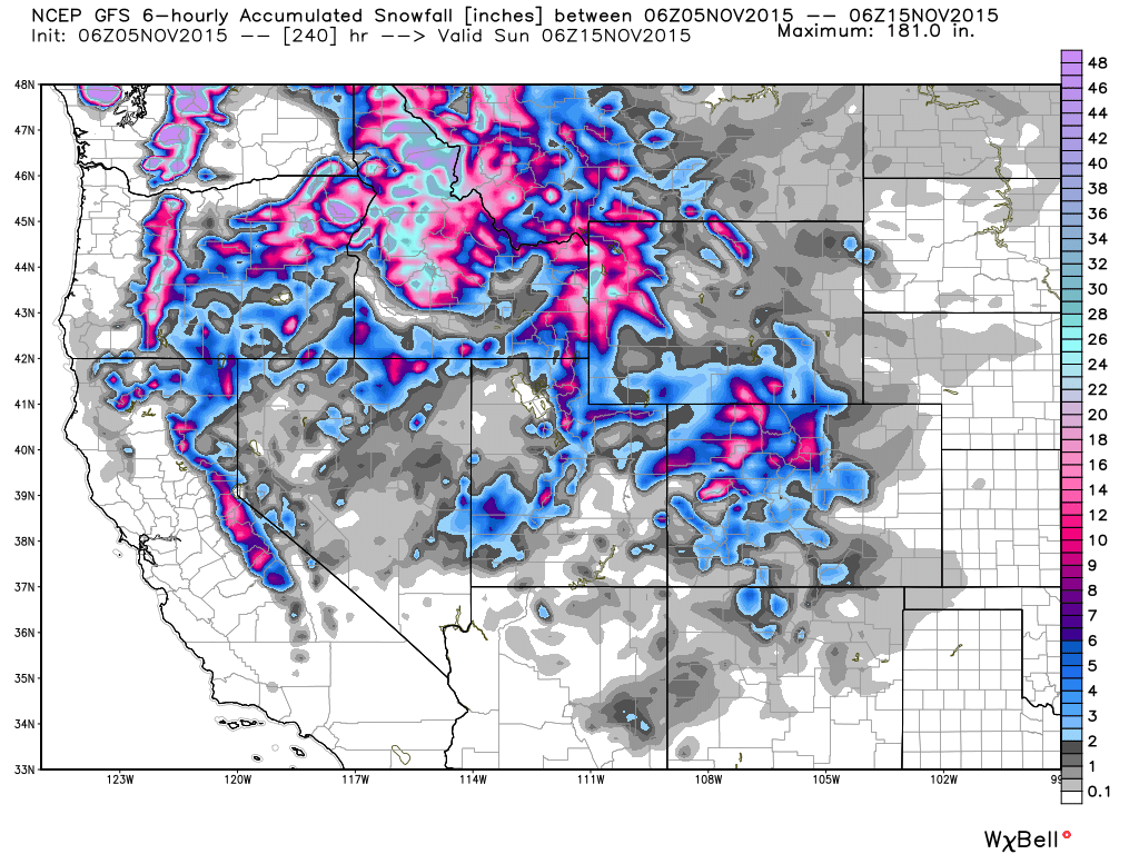 GFS model forecast total snow accumulation by Sunday, Nov. 15, 2015.