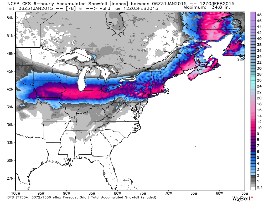Total snow accumulation by Tuesday morning, Feb. 3, 2015, forecast by the GFS model.