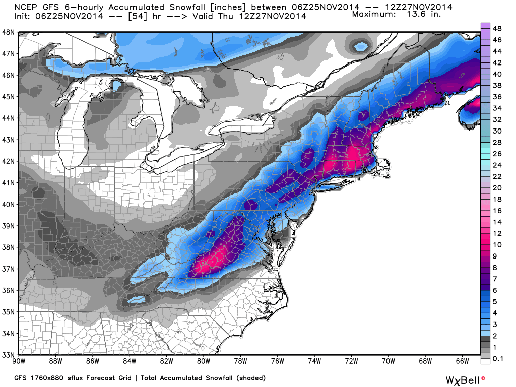 GFS model forecast total snow accumulation by Thursday morning, Nov. 27, 2014 (early morning Tuesday model run)