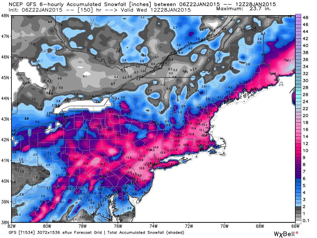 Total snow accumulation my Wednesday, Jan. 28, 2015, from the GFS forecast model (Weatherbell.com graphic).