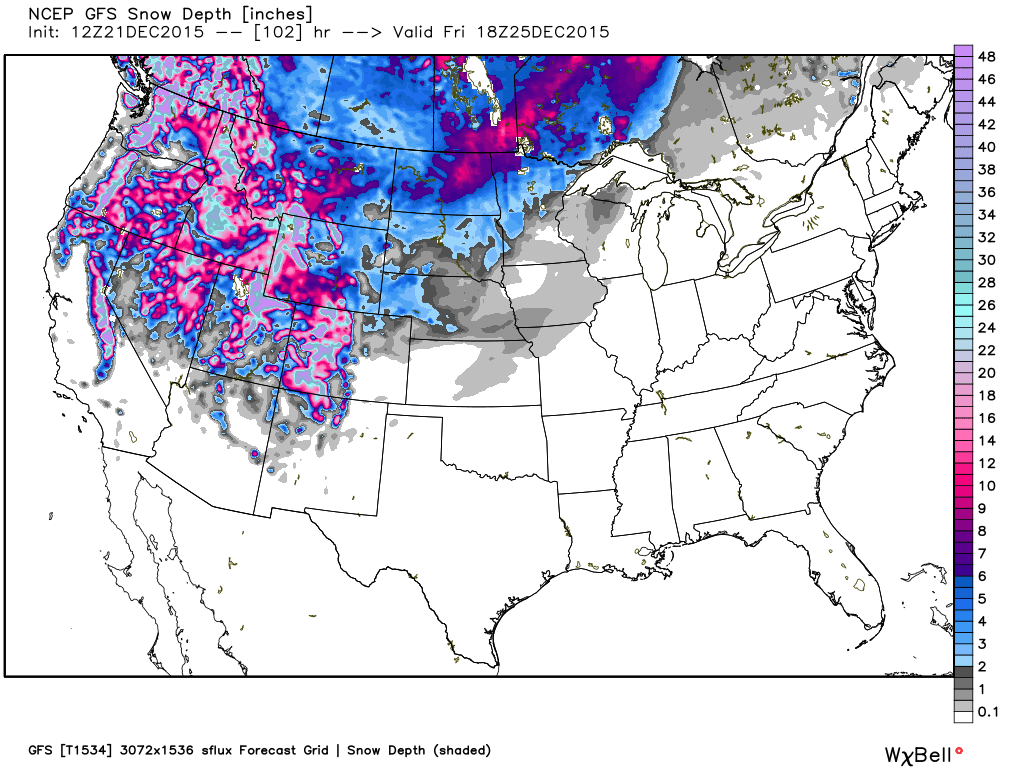 Forecast snow depth as of noon 25 December 2015, from the Dec. 21 morning run of the NWS GFS model (graphic courtesy of Weatherbell.com).