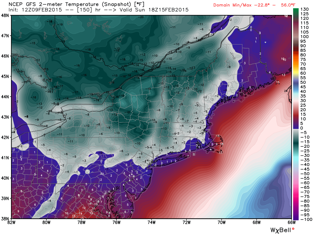 GFS model temperature forecast for midday Sunday, Feb. 15, 2015.