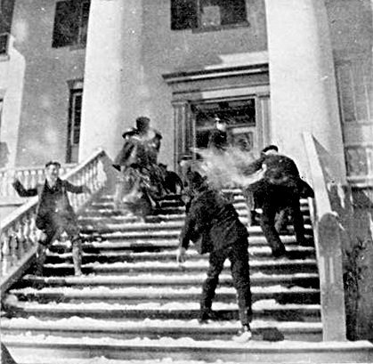 Snowball fight on the steps of the Florida capitol building, Feb. 10, 1899.