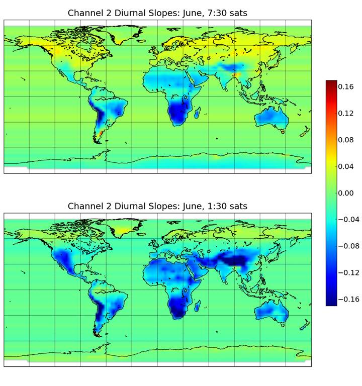 Fig. 9.  Example diurnal drift coefficients (deg. C/hr) for MSU2/AMSU5 for the month of June for adjustment of the afternoon (“1:30”) satellites.