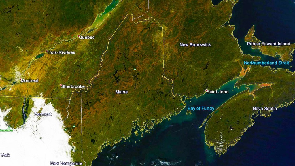 NASA Modis image from the Terra satellite of the region around Maine, on October 13, 2014.