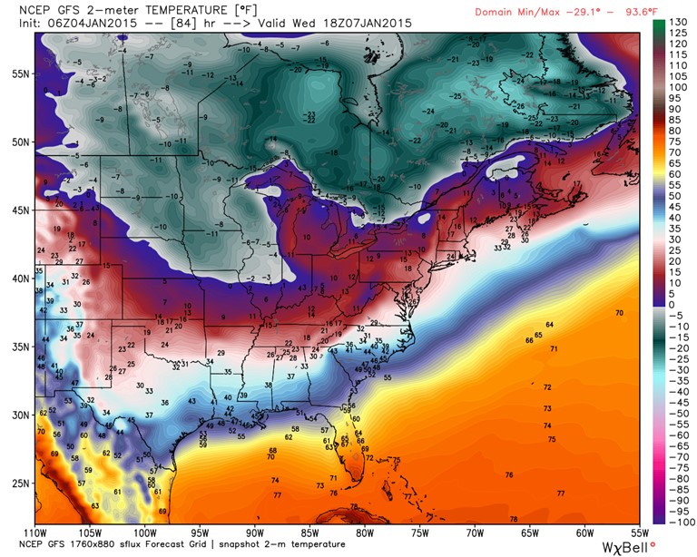 Temperature forecast for midday Wednesday (Jan. 7, 2014) from the GFS model.