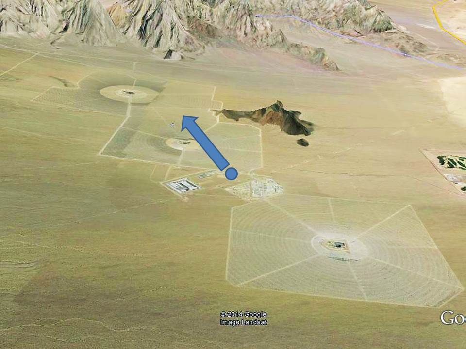 Ivanpah solar generating plant as depicted by Google Earth, and the location where I took photos from.