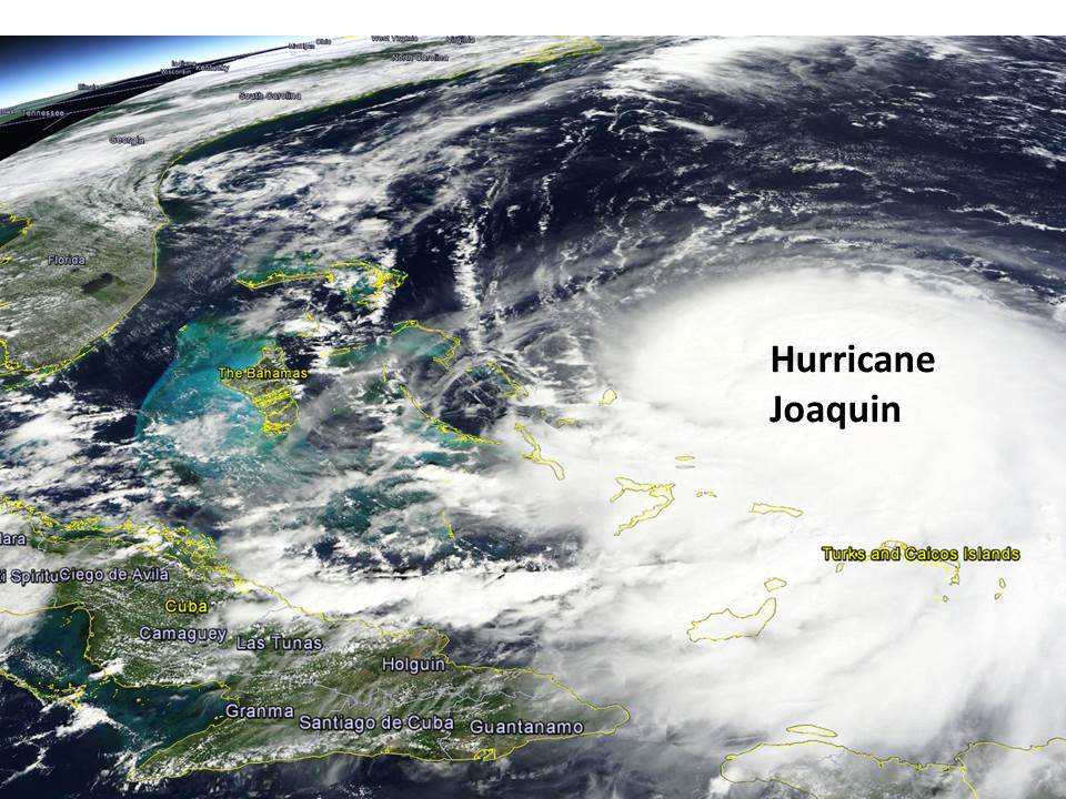 Hurricane Joaquin as imaged by the NASA MODIS instrument mid-day Wednesday, Sept. 30, 2015 (Google Earth remap).
