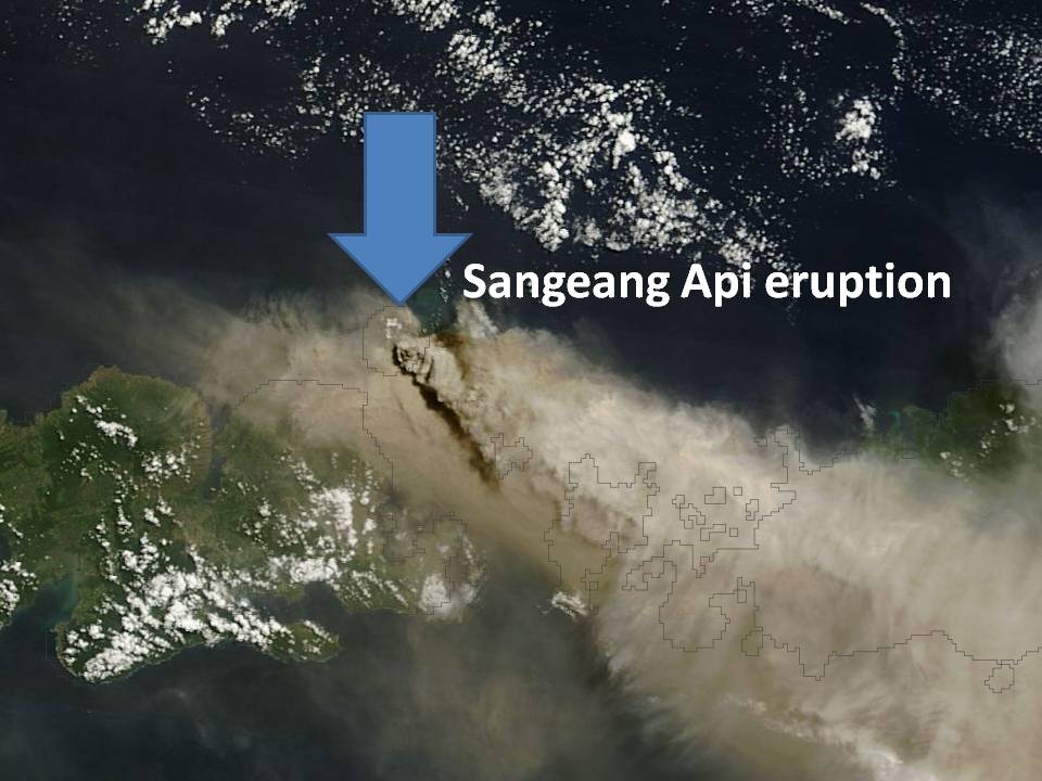 NASA Terra MODIS imagery of the Sangeang Api eruption in Indonesia.
