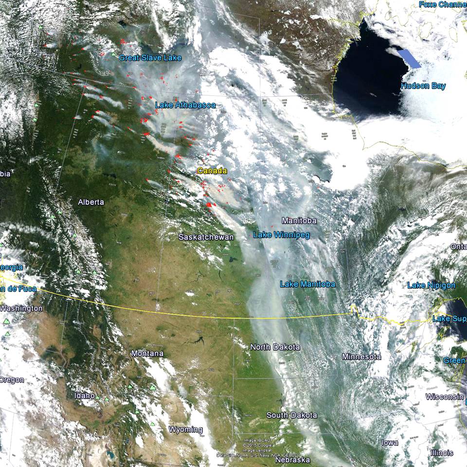 Smoke from Canadian wildfires entering the U.S. on 28 June 2015 (NASA MODIS image remapped into Google Earth).