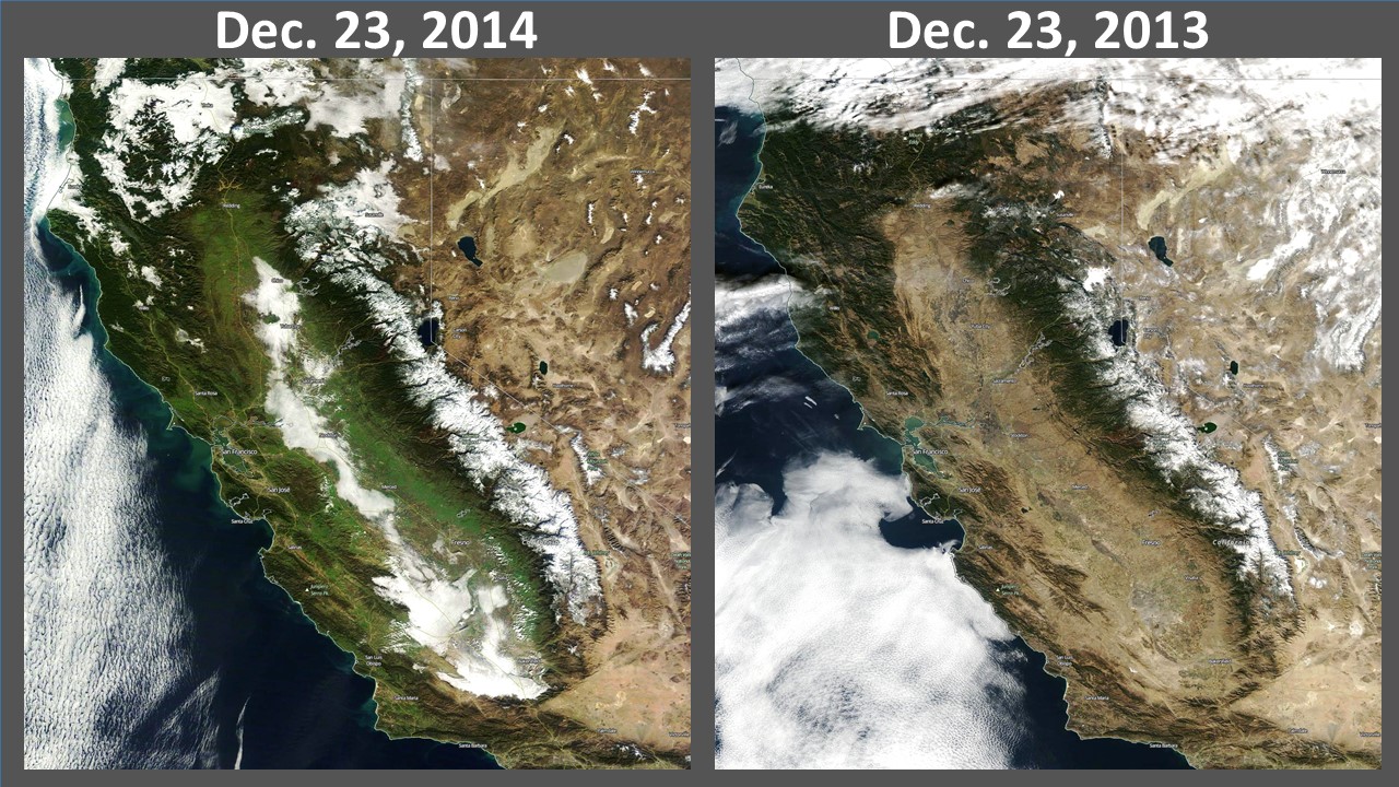 NASA MODIS imagery of central and northern California on Dec. 23 of 2013 and 2014.
