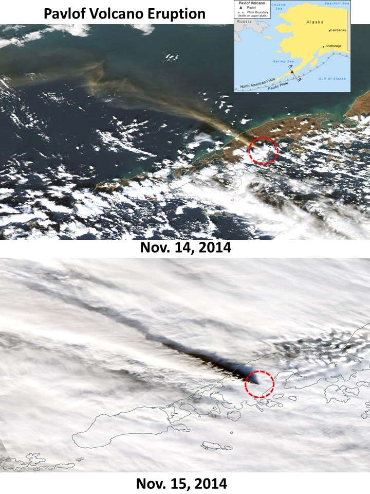 Eruption of Alaskan Volcano Pavlof on Nov. 14-15 as seen from the NASA MODIS satellite imager.