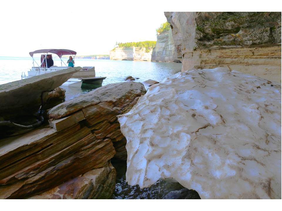 Large pile of snow and ice, Pictured Rocks, Michigan, June 16, 2014.
