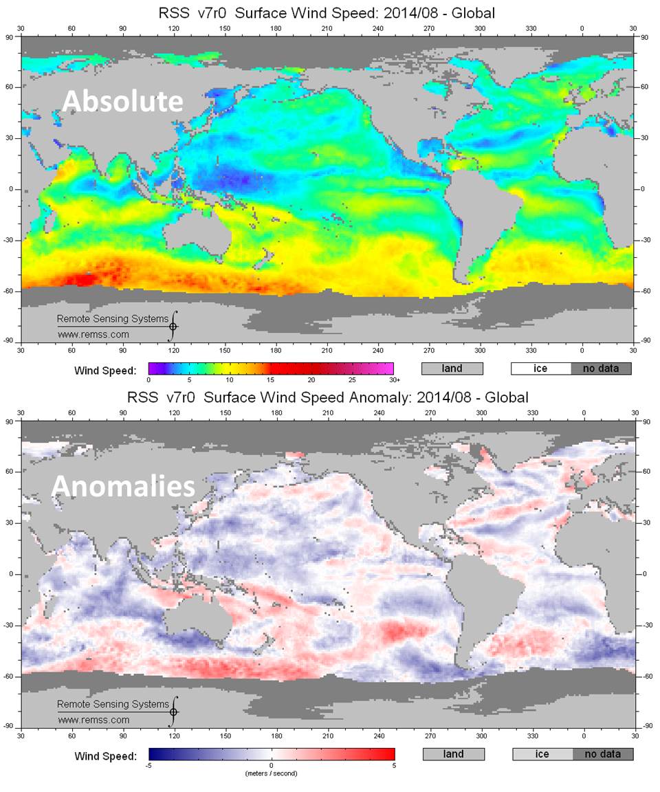 Grid point ocean surface wind speeds from SSMIS in August 2014, shown as absolute values and anomalies.