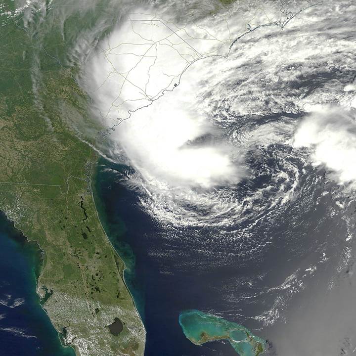 Subtropical Storm Ana forming off South Carolina on May 7, 2015 (NASA MODIS image).
