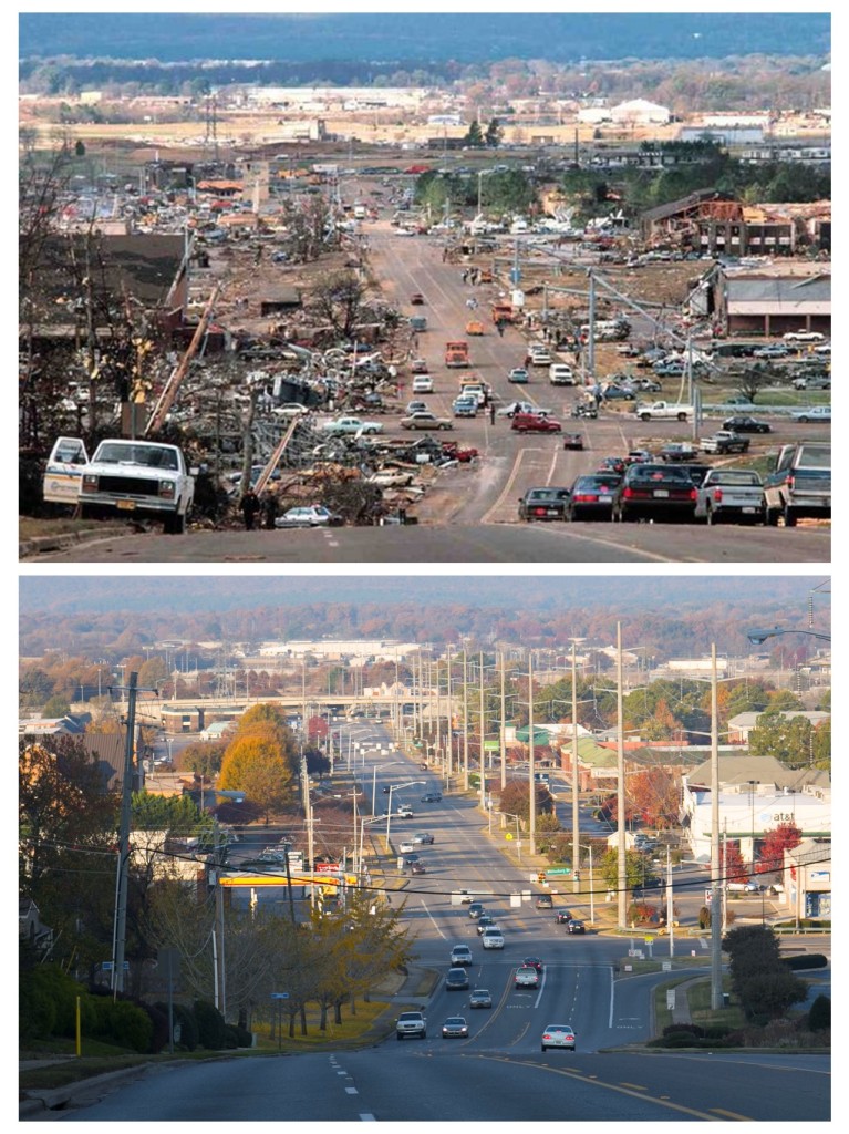 Airport Road seen exactly 25 years apart, showing the devastation from the Nov. 15, 1989 tornado and a quiet Saturday morning Nov. 15, 2014
