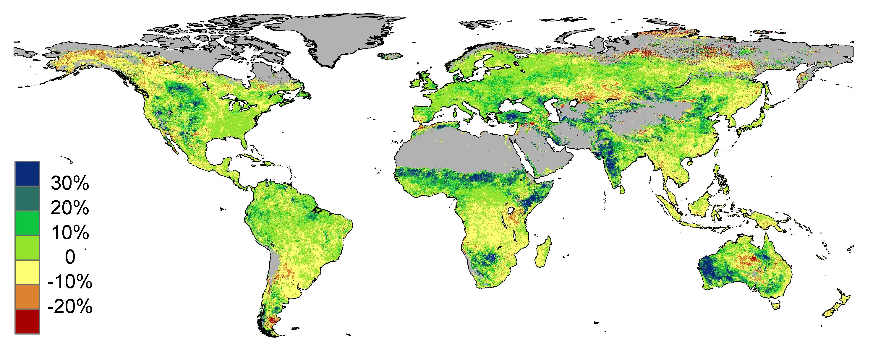Estimated changes in vegetative cover due to CO2 fertilization between 1982 and 2010 (Donohue et al., 2013 GRL).