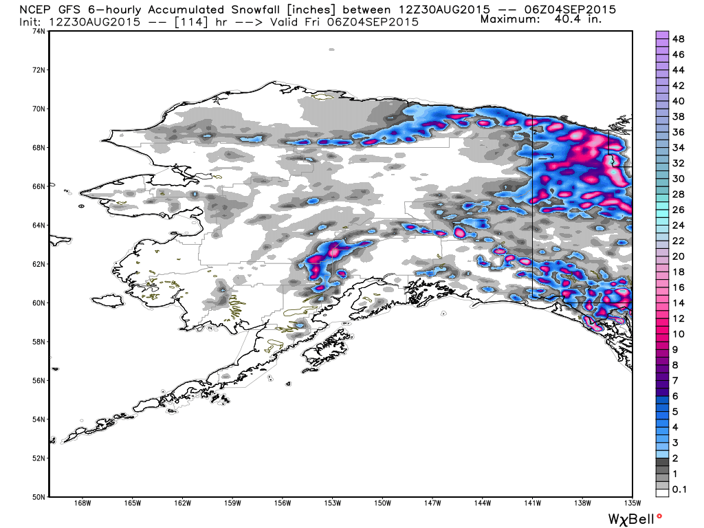 Forecast total snowfall by Friday, Sept. 4, 2015 from the GFS model (WeatherBell.com graphic).