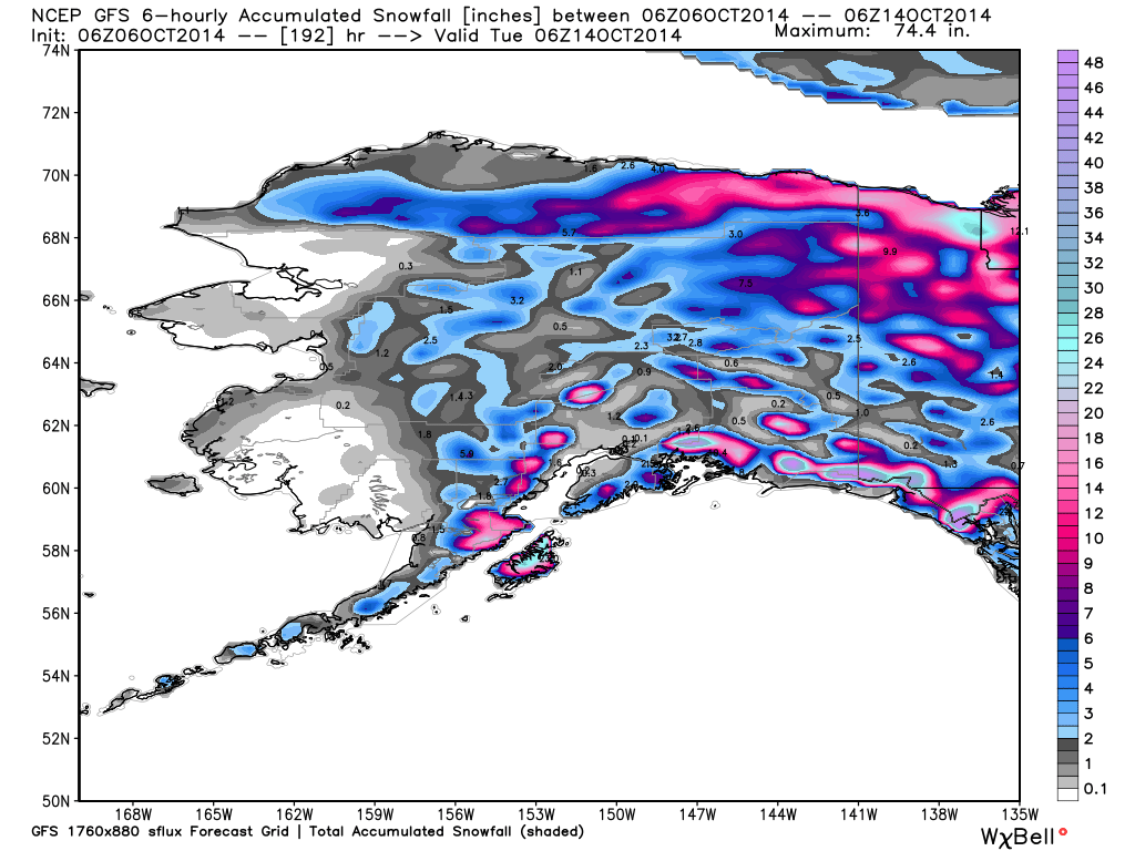 GFS model forecast total snow accumulation in Alaska in next 8 days.