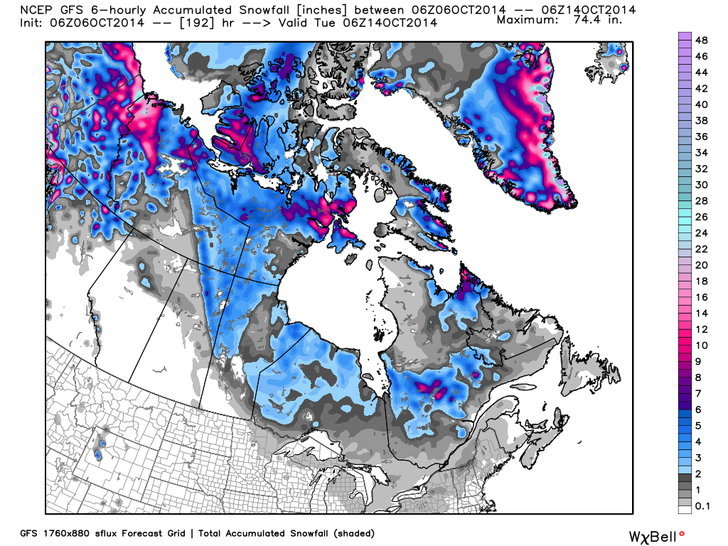 GFS model forecast total snowfall over the next 8 days in Canada.