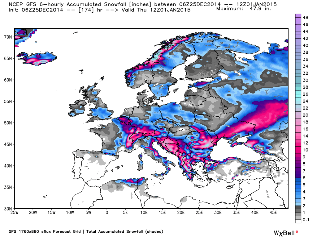 Total snowfall forecast from Dec. 25 to Jan. 1, from the GFS model (courtesy of Weatherbell.com).