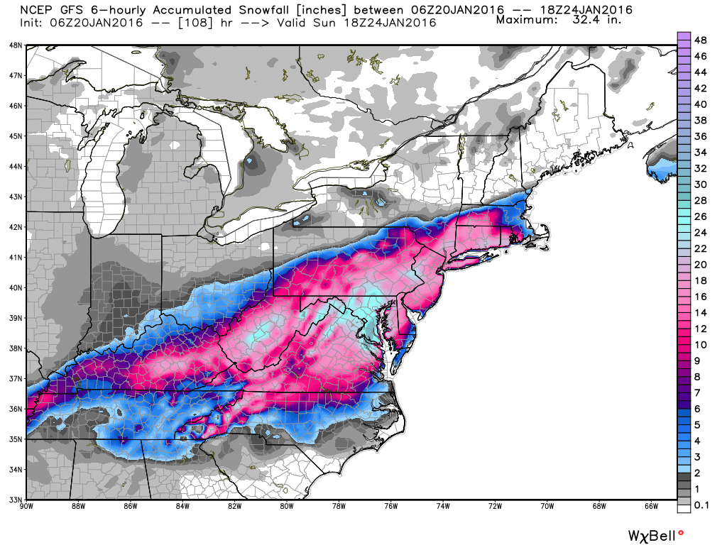 Total forecast snowfall by midday Sunday, Jan. 24, 2016.