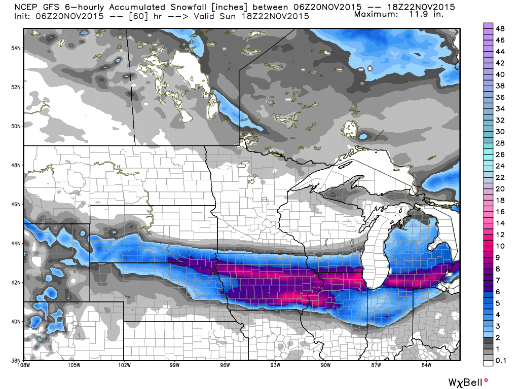Total forecast snowfall by midday Sunday, 22 November 2015 (NWS GFS model).