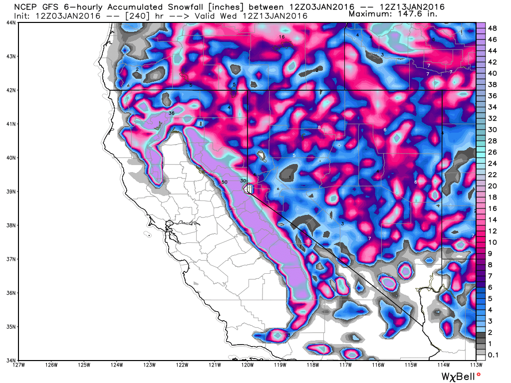 GFS model forecast of total snowfall in the next 10 days, ending January 13, 2016.
