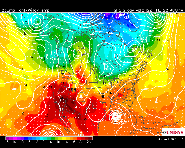 Nine day forecast of 850 mb circulation and temperature from the 12Z GFS model run on 19 August, 2014.