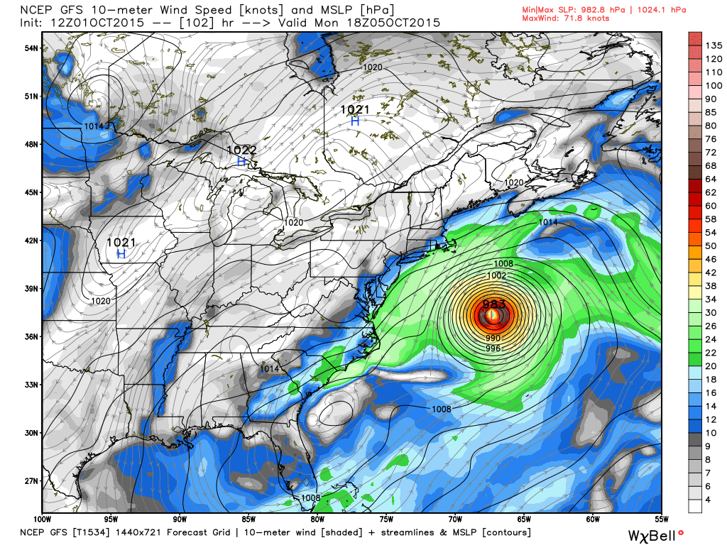 GFS model forecast sea level pressure and near-surface winds for 2 p.m. Monday, October 5, 2015.