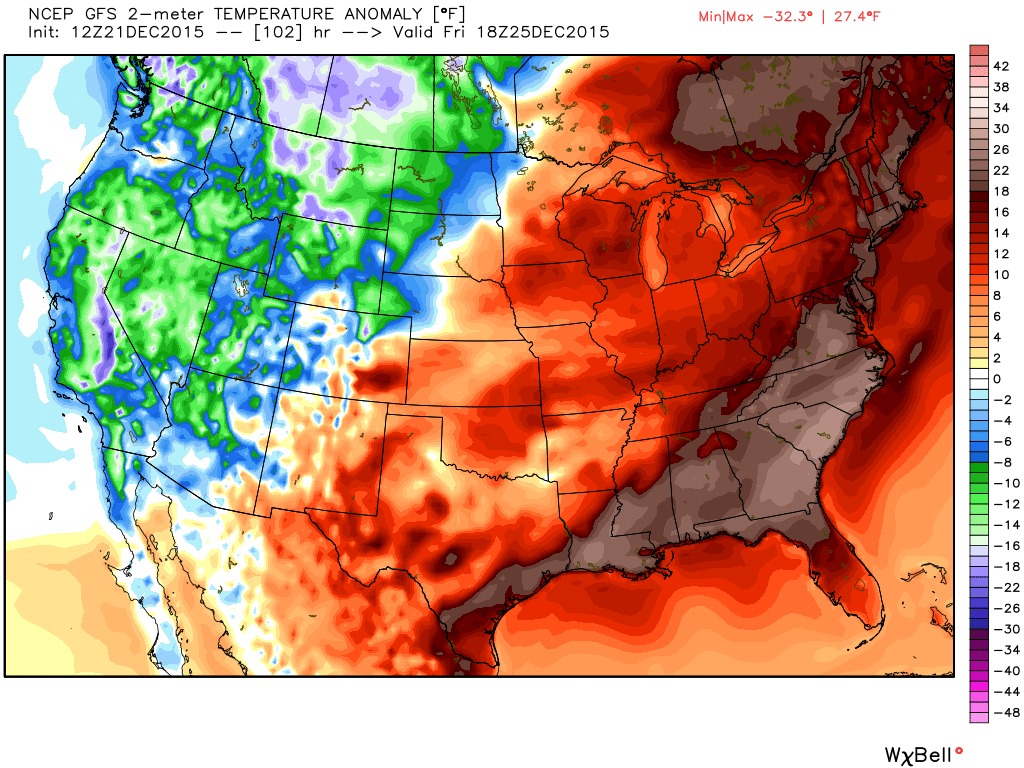 forecast temperature departures from normal for noon 25 December 2015, from the NWS GFS model.