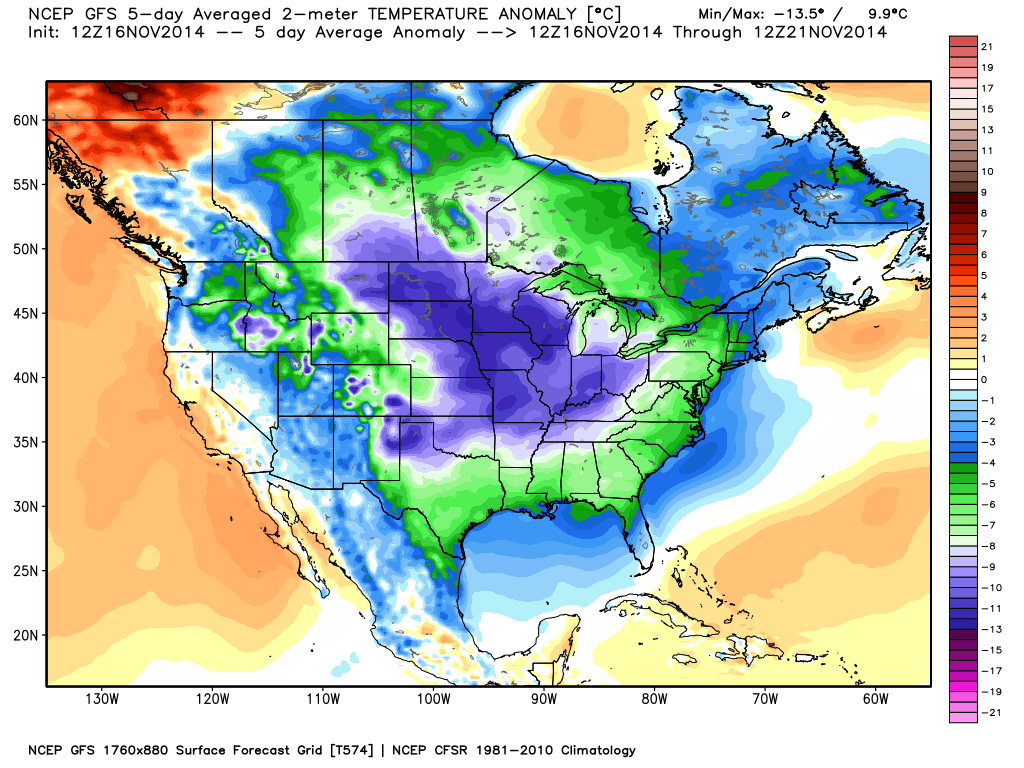 GFS model forecast of 5-day average temperature departures from normal through Friday, Nov. 21, 2014.