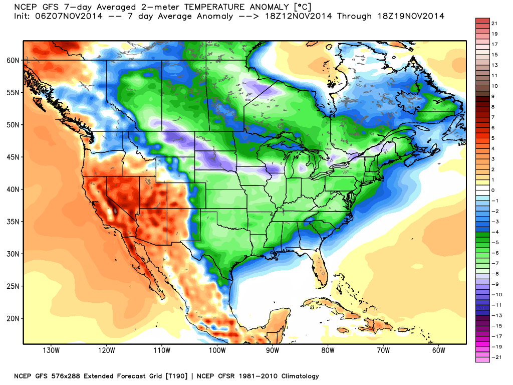 GFS model forecast of 7-day average departures from normal temperature for Nov. 12-19.