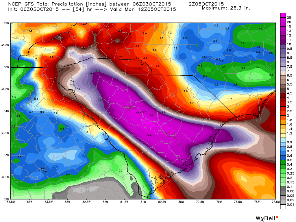 Total predicted rainfall by Monday morning, Oct. 5, from the GFS model.