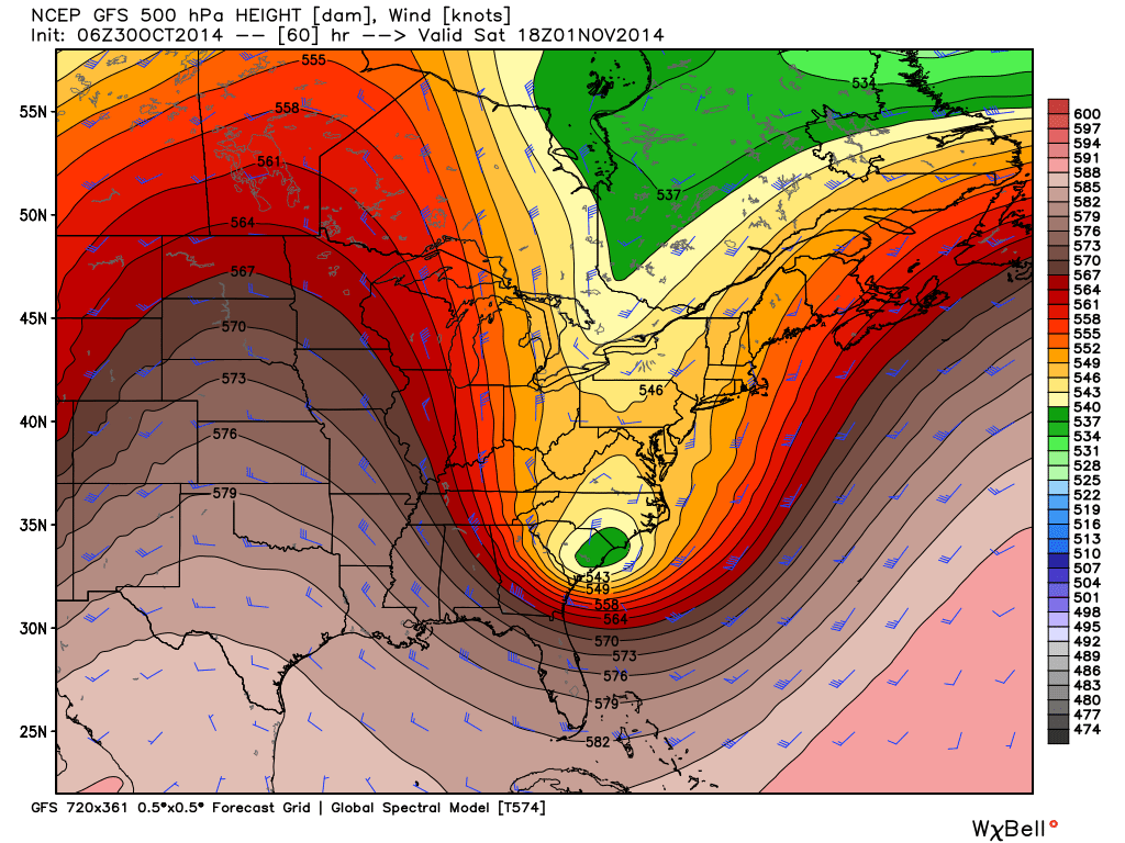 "Polar vortex" pattern at 18,000 ft altitude forecast to be centered near Charleston at noon, Saturday, Nov. 1, 2014.