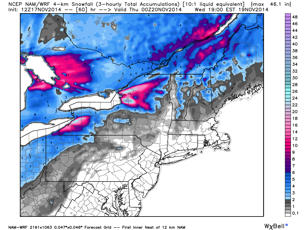 Total snow accumulations forecast by Wednesday evening, Nov. 19, 2014 (graphic courtesy of Weatherbell.com).