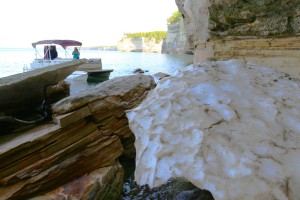 Ice pile several feet thick on the south shore of Lake Superior, June 17, 2014.