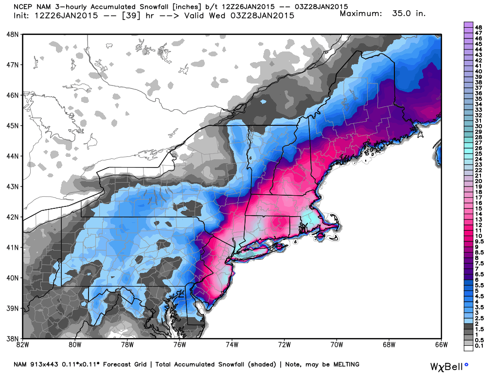 Total accumulated snowfall by 10 p.m. Tuesday (Jan, 27, 2015), forecast by the NAM model on Monday morning.