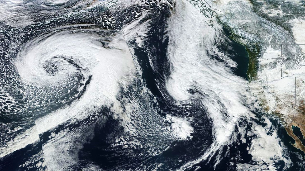 Suomi satellite color image of Pacific storms lining up on January 2, 2016.
